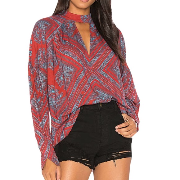 Free People Boho Oversized Blouse – Red and Blue Diamond Floral Print, Flowy - Picture 1 of 8